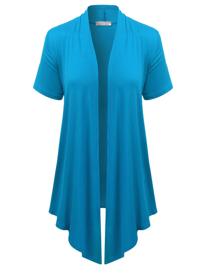 Women's Basic Solid Short Sleeve Open Drape Front Jersey Cardigan (S-3XL)