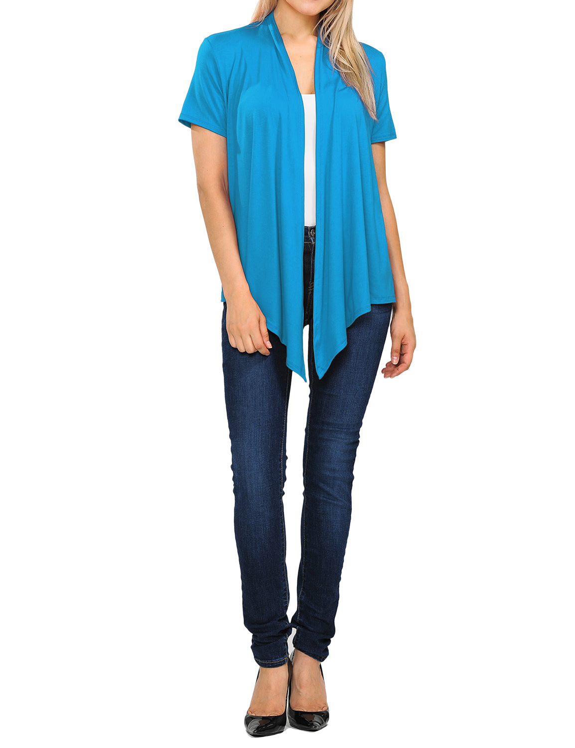 Women's Basic Solid Short Sleeve Open Drape Front Jersey Cardigan (S-3XL)