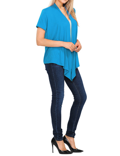 Women's Basic Solid Short Sleeve Open Drape Front Jersey Cardigan (S-3XL)
