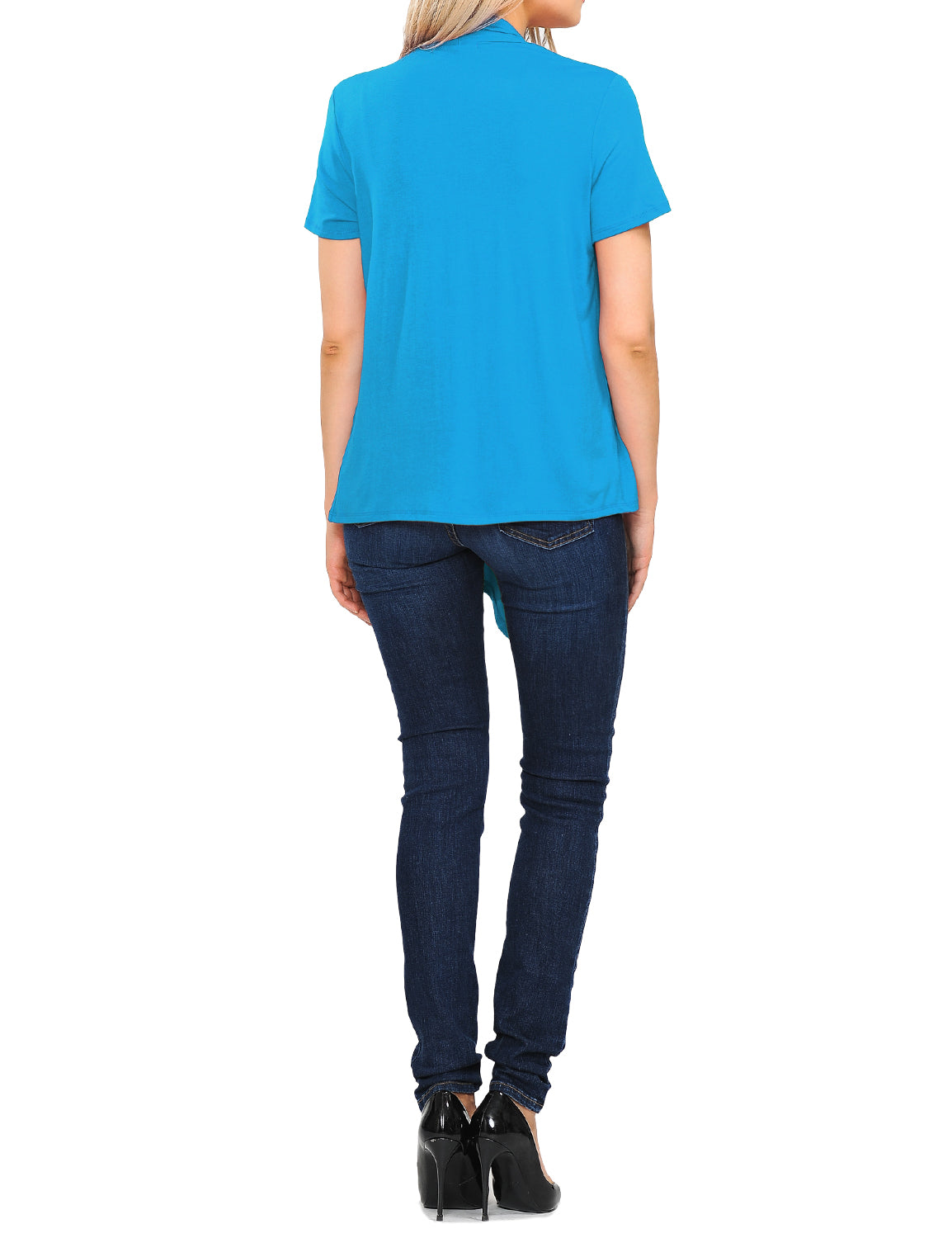 Women's Basic Solid Short Sleeve Open Drape Front Jersey Cardigan (S-3XL)