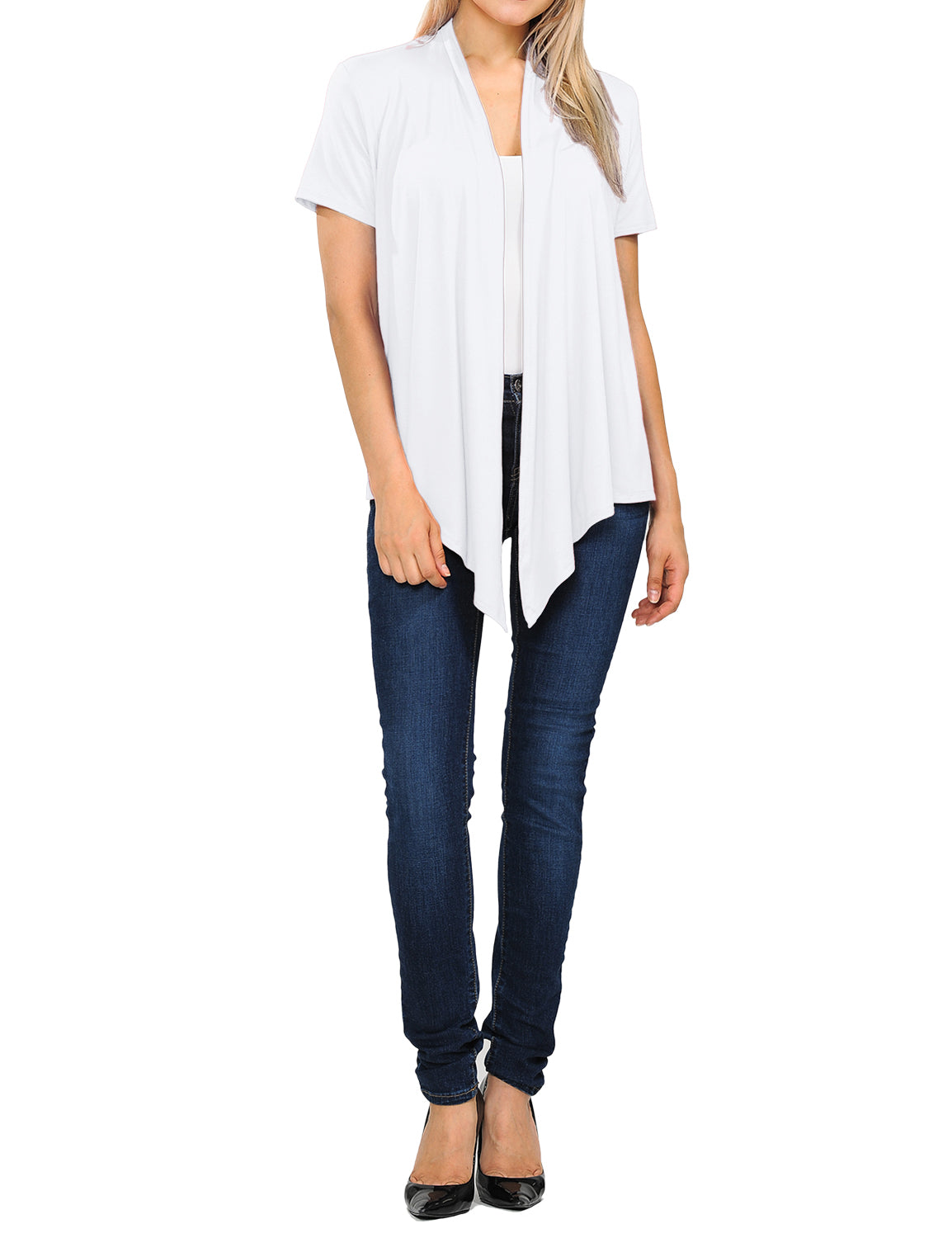 Women's Basic Solid Short Sleeve Open Drape Front Jersey Cardigan (S-3XL)