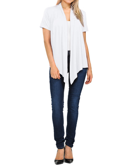 Women's Basic Solid Short Sleeve Open Drape Front Jersey Cardigan (S-3XL)