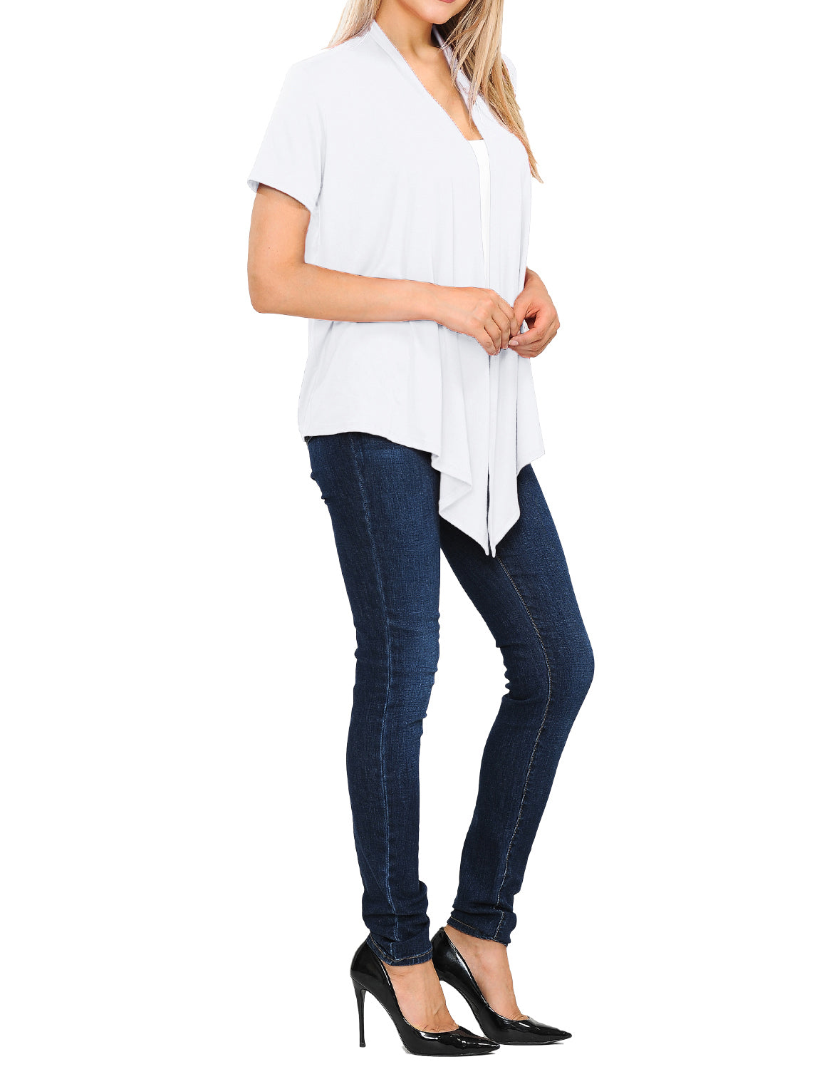 Women's Basic Solid Short Sleeve Open Drape Front Jersey Cardigan (S-3XL)
