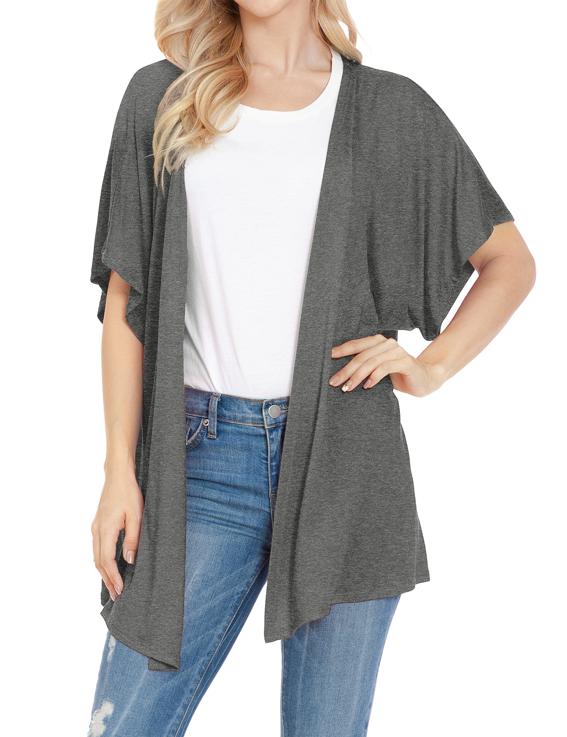 Women's Kimono Style Short Sleeve Open Front Loose Fit Cardigan (S-3XL)
