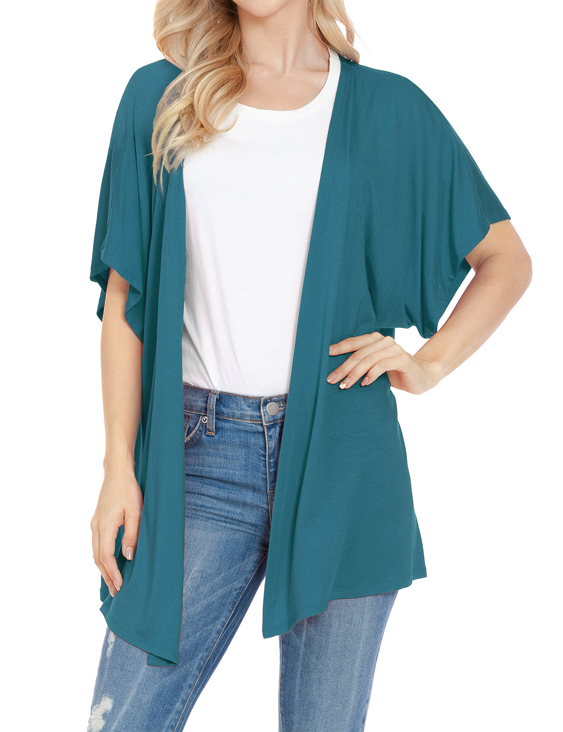 Women's Kimono Style Short Sleeve Open Front Loose Fit Cardigan (S-3XL)