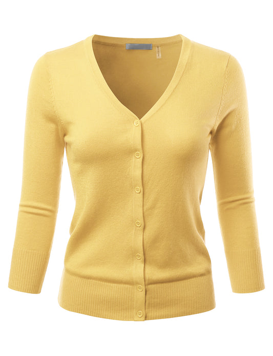 Women's 3/4 Sleeve V-Neck Button Down Stretch Knit Cardigan Sweater (S-3X)