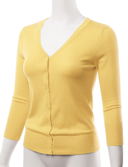 Women's 3/4 Sleeve V-Neck Button Down Stretch Knit Cardigan Sweater (S-3X)