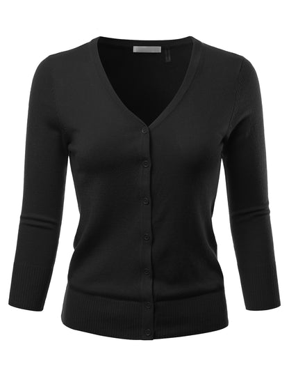 Women's 3/4 Sleeve V-Neck Button Down Stretch Knit Cardigan Sweater (S-3X)