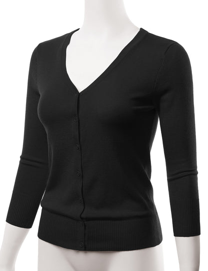 Women's 3/4 Sleeve V-Neck Button Down Stretch Knit Cardigan Sweater (S-3X)