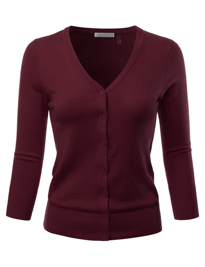 Women's 3/4 Sleeve V-Neck Button Down Stretch Knit Cardigan Sweater (S-3X)