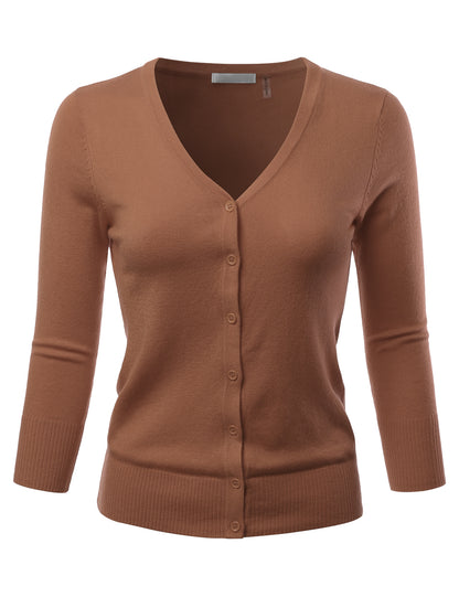 Women's 3/4 Sleeve V-Neck Button Down Stretch Knit Cardigan Sweater (S-3X)