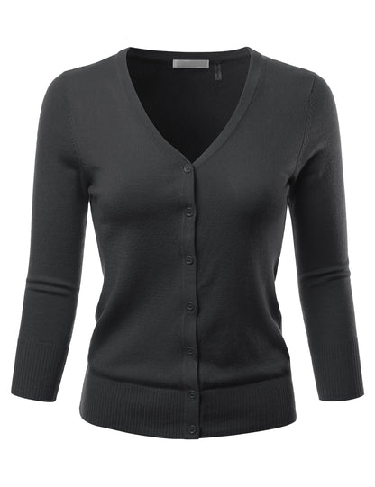 Women's 3/4 Sleeve V-Neck Button Down Stretch Knit Cardigan Sweater (S-3X)