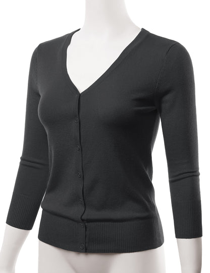 Women's 3/4 Sleeve V-Neck Button Down Stretch Knit Cardigan Sweater (S-3X)