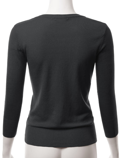 Women's 3/4 Sleeve V-Neck Button Down Stretch Knit Cardigan Sweater (S-3X)