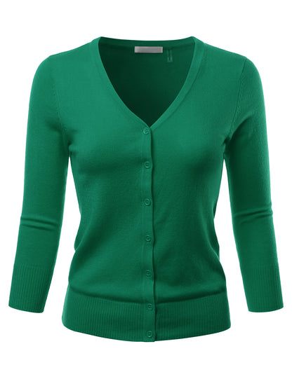 Women's 3/4 Sleeve V-Neck Button Down Stretch Knit Cardigan Sweater (S-3X)