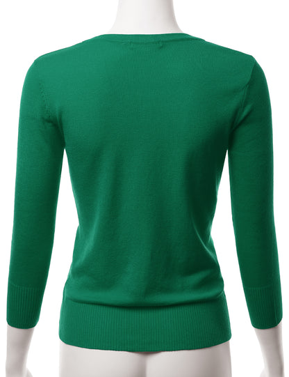Women's 3/4 Sleeve V-Neck Button Down Stretch Knit Cardigan Sweater (S-3X)
