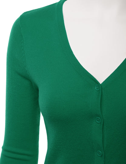 Women's 3/4 Sleeve V-Neck Button Down Stretch Knit Cardigan Sweater (S-3X)