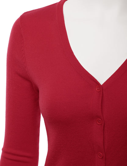 Women's 3/4 Sleeve V-Neck Button Down Stretch Knit Cardigan Sweater (S-3X)