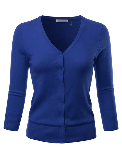 Women's 3/4 Sleeve V-Neck Button Down Stretch Knit Cardigan Sweater (S-3X)