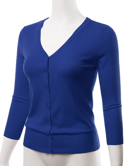 Women's 3/4 Sleeve V-Neck Button Down Stretch Knit Cardigan Sweater (S-3X)