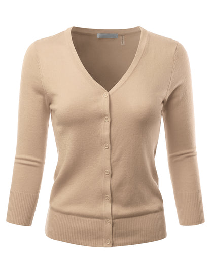 Women's 3/4 Sleeve V-Neck Button Down Stretch Knit Cardigan Sweater (S-3X)