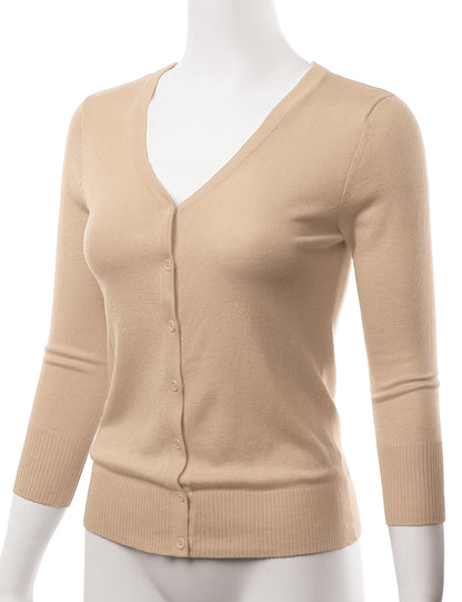 Women's 3/4 Sleeve V-Neck Button Down Stretch Knit Cardigan Sweater (S-3X)