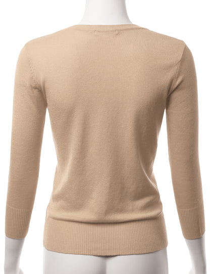 Women's 3/4 Sleeve V-Neck Button Down Stretch Knit Cardigan Sweater (S-3X)