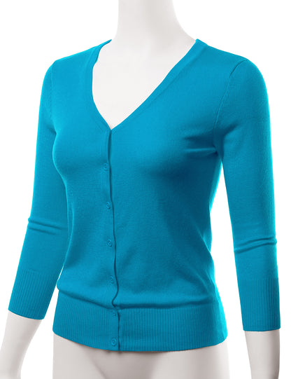 Women's 3/4 Sleeve V-Neck Button Down Stretch Knit Cardigan Sweater (S-3X)