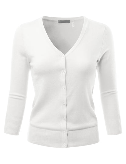 Women's 3/4 Sleeve V-Neck Button Down Stretch Knit Cardigan Sweater (S-3X)