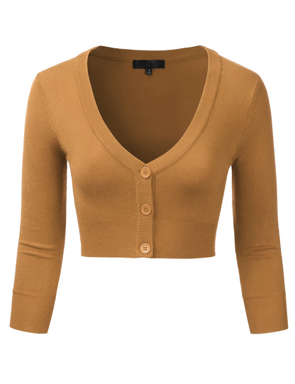 Women's Button Down 3/4 Sleeve Cropped Bolero Cardigan Sweater (S-3XL)