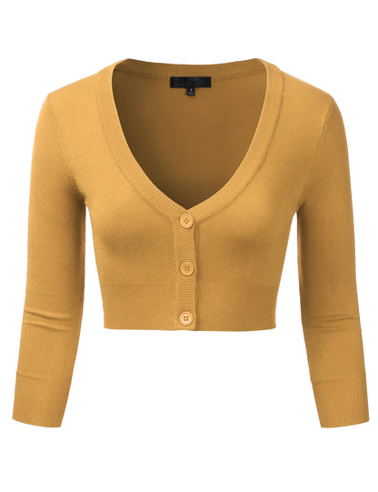Women's Button Down 3/4 Sleeve Cropped Bolero Cardigan Sweater (S-3XL)