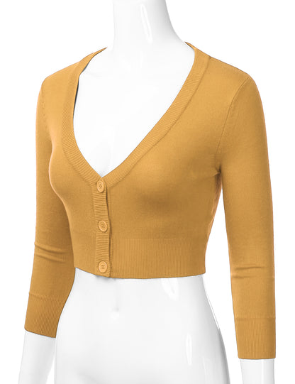 Women's Button Down 3/4 Sleeve Cropped Bolero Cardigan Sweater (S-3XL)