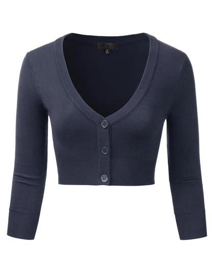 Women's Button Down 3/4 Sleeve Cropped Bolero Cardigan Sweater (S-3XL)