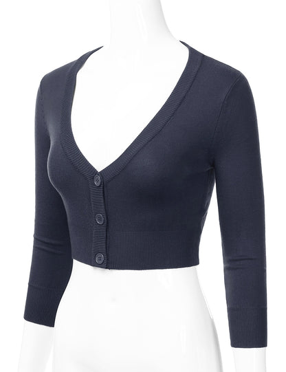 Women's Button Down 3/4 Sleeve Cropped Bolero Cardigan Sweater (S-3XL)