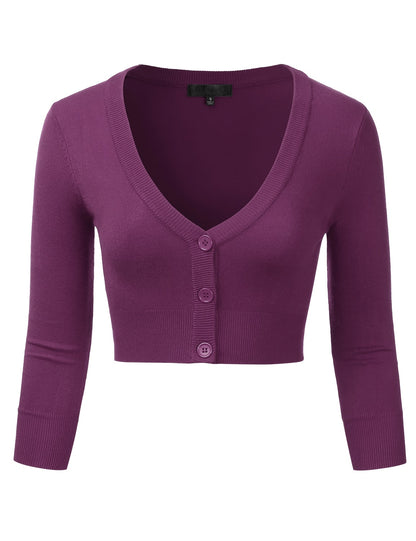 Women's Button Down 3/4 Sleeve Cropped Bolero Cardigan Sweater (S-3XL)