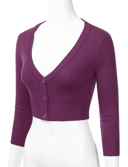 Women's Button Down 3/4 Sleeve Cropped Bolero Cardigan Sweater (S-3XL)