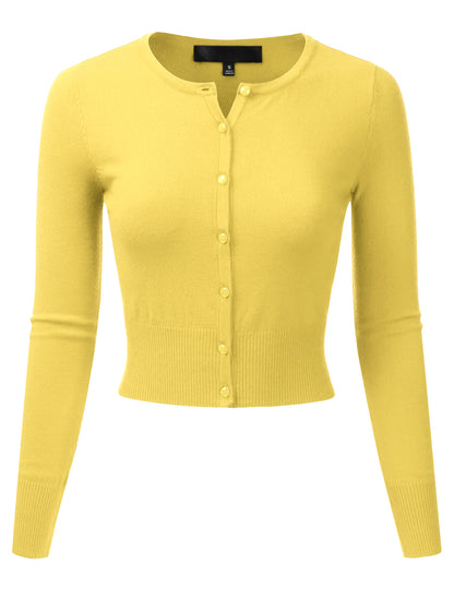 Women's Crewneck Button Down Long Sleeve Cropped Cardigan Sweater (S-XL)