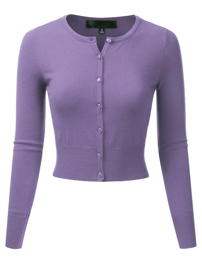 Women's Crewneck Button Down Long Sleeve Cropped Cardigan Sweater (S-XL)