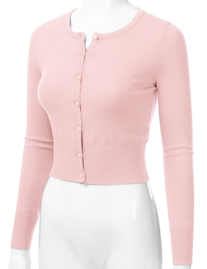 Women's Crewneck Button Down Long Sleeve Cropped Cardigan Sweater (S-XL)