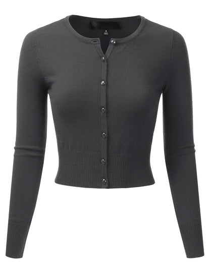 Women's Crewneck Button Down Long Sleeve Cropped Cardigan Sweater (S-XL)