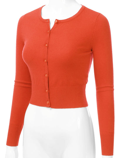 Women's Crewneck Button Down Long Sleeve Cropped Cardigan Sweater (S-XL)