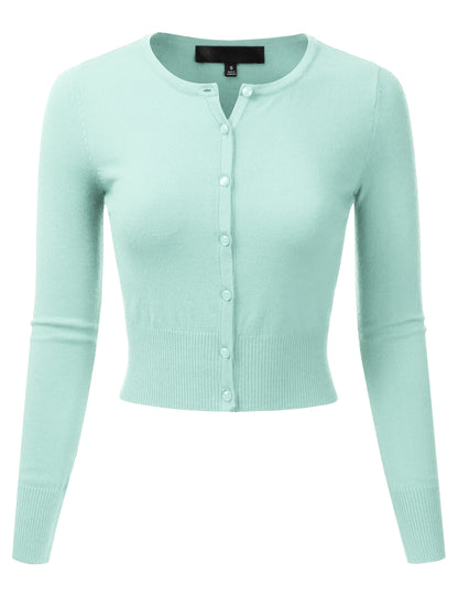 Women's Crewneck Button Down Long Sleeve Cropped Cardigan Sweater (S-XL)