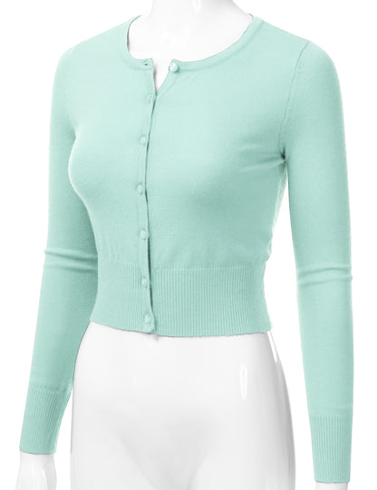 Women's Crewneck Button Down Long Sleeve Cropped Cardigan Sweater (S-XL)