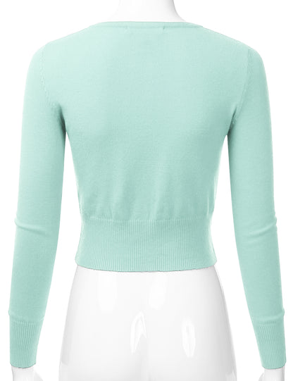 Women's Crewneck Button Down Long Sleeve Cropped Cardigan Sweater (S-XL)