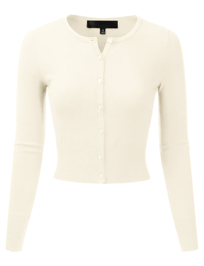 Women's Crewneck Button Down Long Sleeve Cropped Cardigan Sweater (S-XL)