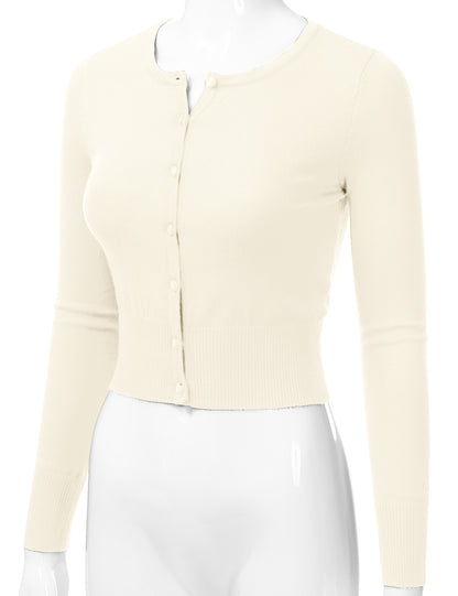Women's Crewneck Button Down Long Sleeve Cropped Cardigan Sweater (S-XL)
