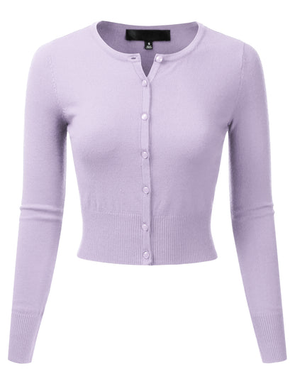 Women's Crewneck Button Down Long Sleeve Cropped Cardigan Sweater (S-XL)