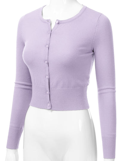 Women's Crewneck Button Down Long Sleeve Cropped Cardigan Sweater (S-XL)