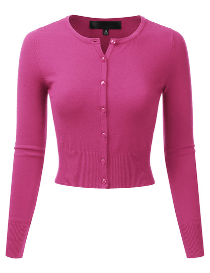Women's Crewneck Button Down Long Sleeve Cropped Cardigan Sweater (S-XL)