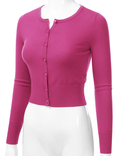 Women's Crewneck Button Down Long Sleeve Cropped Cardigan Sweater (S-XL)